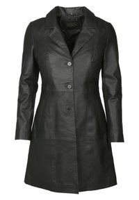 Schwarzer Lederjacke mit gefaltetem Kragen, fünf Knopfverschluss vorne, vertikalen Seitentaschen und langen Ärmeln. Glatte Textur und taillierte Passform.