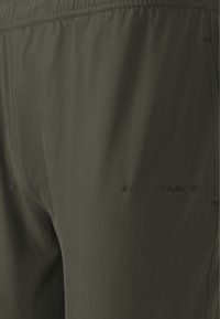 Dunkelgrüne Sportshorts aus leichtem Material mit glatter Textur und einem dezenten "ENDURANCE"-Logo in Schwarz.