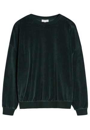 Ciemnozielona welurowa bluza z długim rękawem, z prążkowanymi mankietami, okrągłym dekoltem i elastycznym dołem.