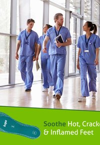 Blue scrubs on four healthcare professionals walking in a corridor; text below reads "Soothe Hot, Cracked & Inflamed Feet."