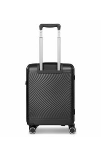 Valigia rigida nera con motivo a onde, manico retrattile argentato, quattro ruote e chiusura con zip. Forma rettangolare compatta.