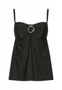 Zwart mouwloos topje met dunne bandjes, geplooide voorkant en decoratief goudkleurig ringdetail in het midden van de halslijn.