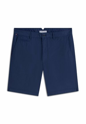 Marineblauwe heren shorts met knoop- en ritssluiting aan de voorkant, zijzakken en riemlussen, met een klein logo op de rand van de linker zak.
