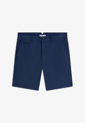 Marineblauwe heren shorts met knoop- en ritssluiting aan de voorkant, zijzakken en riemlussen, met een klein logo op de rand van de linker zak.
