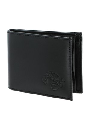 Portefeuille pliable en cuir noir avec un motif de crabe en relief sur le devant, coutures visibles sur les bords, partiellement ouvert montrant les compartiments intérieurs.