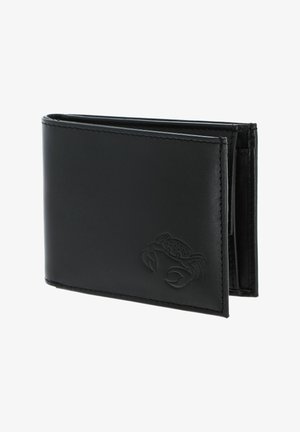 Portefeuille pliable en cuir noir avec un motif de crabe en relief sur le devant, coutures visibles sur les bords, partiellement ouvert montrant les compartiments intérieurs.