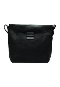 Borsa a spalla in pelle nera con una texture liscia, dotata di chiusura a patta magnetica e di una delicata piastrina con logo sul fronte.