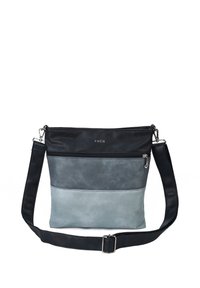 Leder-Umhängetasche mit einem schwarzen oberen Abschnitt und zwei Schichten in blaugrauen Tönen darunter. Verfügt über einen Reißverschlussverschluss und einen verstellbaren Tragegurt.