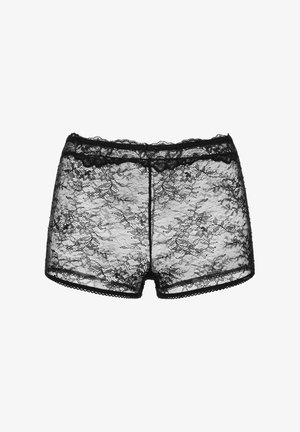 Shorts en dentelle noire avec des motifs floraux, dotés d'une taille en dentelle à bords festonnés et d'une finition lisse. Texture douce et transparente sur l'ensemble.