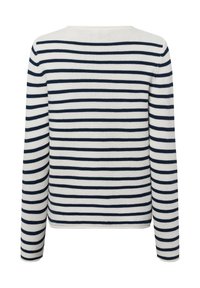 Witte trui met marineblauwe horizontale strepen, lange mouwen en een ronde halslijn. De stof lijkt gebreid met een gestructureerde afwerking.