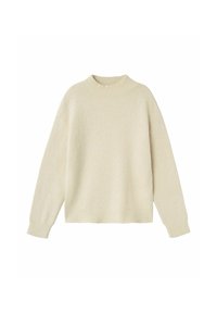 Maglione beige lavorato a maglia con collo alto, spalle scese e polsini a coste. Texture morbida e vestibilità comoda. Nessun motivo o accentuazione visibile.