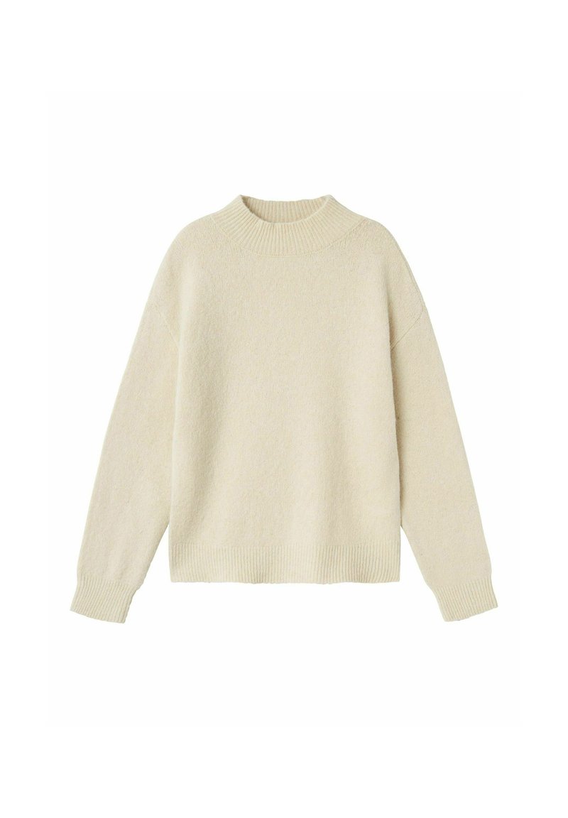 Maglione beige lavorato a maglia con collo alto, spalle scese e polsini a coste. Texture morbida e vestibilità comoda. Nessun motivo o accentuazione visibile.