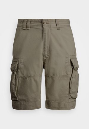Olíva zöld cargo rövidnadrág, könnyű anyagból, oldalsó zsebekkel és térd közepéig érő hosszal, varrott díszítéssel.