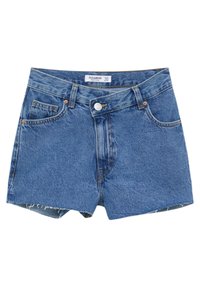 Blue denim shorts with a buttoned waistband, belt loops, front pockets, and frayed hems, laid flat on a white background.