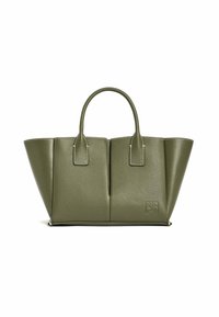 Borsa tote in pelle verde oliva con design strutturato, doppi manici e cuciture a contrasto. Presenta una finitura texture e un logo impresso.