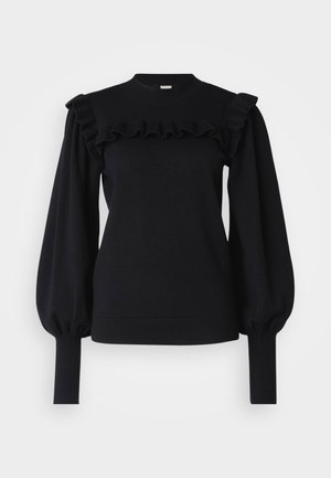 Schwarzer Strickpullover mit rundem Ausschnitt, Rüschendetails am Oberteil und voluminösen Ärmeln mit eng anliegenden Bündchen.