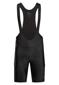 Cuissards de cyclisme noirs en tissu lisse et extensible. Comprend un rembourrage pour le siège et de larges bretelles pour le soutien.