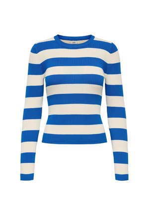Langsleeve ribbed top met horizontale blauwe en witte strepen, ronde halslijn en een getailleerde silhoutte. Gemaakt van zachte, rekbare stof.