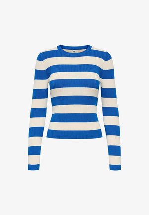 Haut à manches longues en ribbed avec des rayures horizontales bleues et blanches, un col rond et une silhouette ajustée. Fabriqué en matériau doux et extensible.