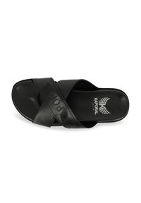Black slide sandal made of synthetic leather, featuring crisscross straps and embossed branding. Smooth texture with a rounded toe design.