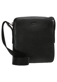 Borsa a tracolla nera in pelle con forma quadrata, chiusura con zip e tracolla regolabile. Presenta il logo del brand in rilievo sulla parte anteriore.