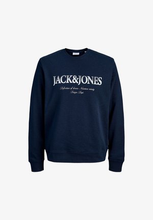 Navyblaues Sweatshirt mit langen Ärmeln und Rundhalsausschnitt. Mit dem Schriftzug 'JACK&JONES' in fetter silberner Schrift auf der Vorderseite, aus Baumwollmischung.