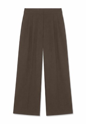 Pantalon marron foncé à jambes larges avec plis avant, poches latérales et taille haute, présenté à plat sur un fond blanc.
