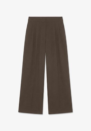 Pantalon marron foncé à jambes larges avec plis avant, poches latérales et taille haute, présenté à plat sur un fond blanc.
