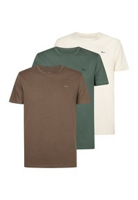 Drie effen crewneck t-shirts in bruin, groen en wit, elk met een klein geborduurd logo op de linkerborst.
