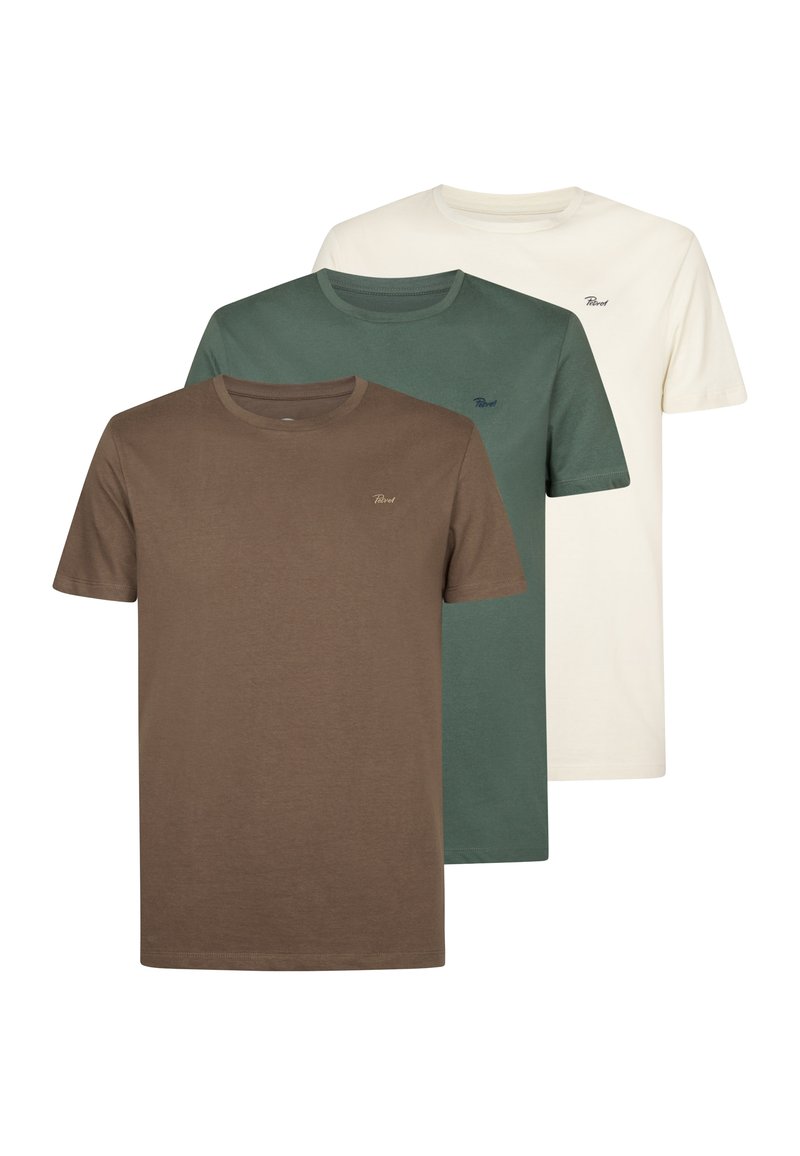 Drie effen crewneck t-shirts in bruin, groen en wit, elk met een klein geborduurd logo op de linkerborst.