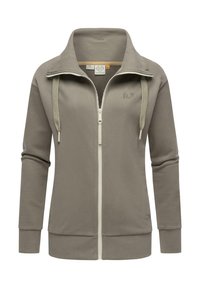 Light gray zip-up jacket with a high collar, contrasting white zipper, and textured drawstrings. Features long sleeves and ribbed cuffs.