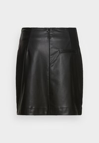 Musta nahkainen mini-hame, jossa on sileä pinta, edessä vetoketjusuljenta ja huomaamattomat sivutaskut. Muotoiltu malli, jossa on siistit linjat.