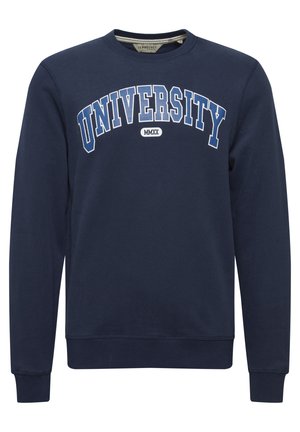 Marineblå hettegenser i bomullsblanding med ribbestrikkede mansjetter og nederkant, med teksten 'UNIVERSITY' trykt i hvit og lyseblå bue over brystet.