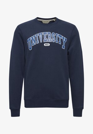Námořnická modrá mikina z bavlněné směsi s ribovanými manžetami a lemem, s potiskem "UNIVERSITY" v bílém a světle modrém obloukovém písmu přes hrudník.