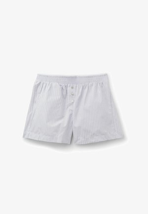 Hvide boksershorts med tynde lodrette grå striber, elastisk linning og tre knapper foran på en hvid baggrund.
