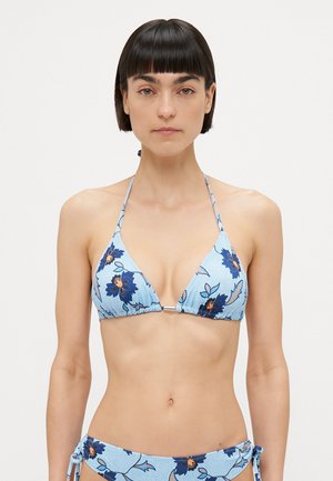 Blue floral bikini top with triangle shape, adjustable ties, and silver hardware at the center. Made of soft, stretchy material.