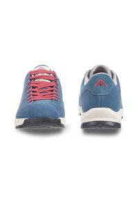 Blaue Wildlederschuhe mit roten Schnürsenkeln und grauen Akzenten. Verfügt über ein geschwungenes Design, gepolsterten Kragen und schwarze Gummisohle. Rück-Logo sichtbar.