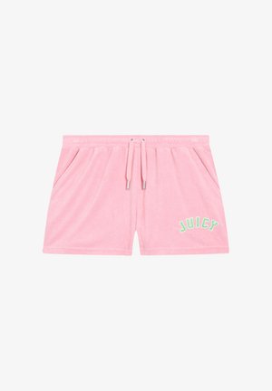Shorts en coton rose avec une texture veloutée, dotés de poches avant et d'une taille élastique avec cordon de serrage. Logo "JUICY" en broderie verte sur le côté.