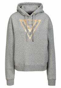 Szara bluza z kapturem z przednim trójkątnym logo w złotym i czarnym kolorze oraz tekstem. Sznurki przy dekolcie oraz ściągacze przy mankietach i u dołu.