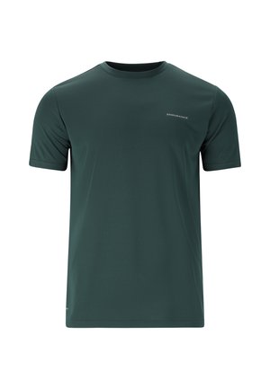 Mørkegrøn kortærmet t-shirt lavet af glat stof. Har en rund halsudskæring og et lille logo på venstre bryst. Enkel design.