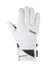 Weiße isolierte Skihandschuhe mit schwarzen Akzenten, strukturierten Handflächen und elastischem Handgelenkriemen mit Primaloft- und Gore-Tex-Logos.
