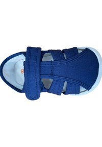 Las sandalias de tela azul marino cuentan con correas ajustables, suela de goma blanca y un diseño abierto para ventilación. Adecuadas para el uso casual.