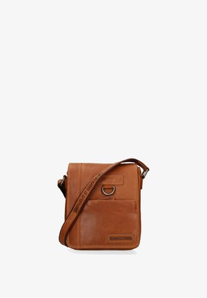 Brown leather crossbody bag with front pocket, metal ring detail, adjustable strap, and embossed "Hill Burry" logo patch.
