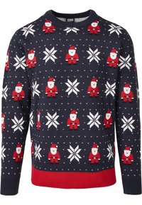 Granatowy sweter z dzianiny z powtarzającymi się wzorami czerwonych Mikołajów i białych płatków śniegu, wykończony czerwonym dolnym obszyciem oraz okrągłym dekoltem.