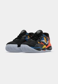 Black athletic shoes with multicolored accents, featuring textured material, high-top design, and a rubber outsole with zigzag pattern.