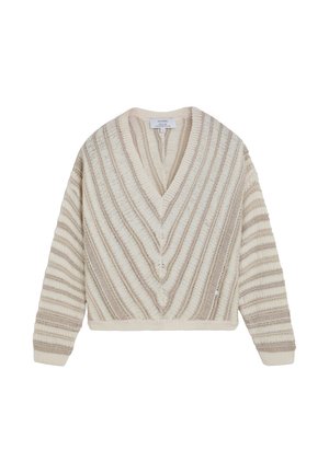 Jersey de punto beige y crema con cuello en V, mangas largas y patrón de rayas diagonales, colocado plano sobre fondo blanco.