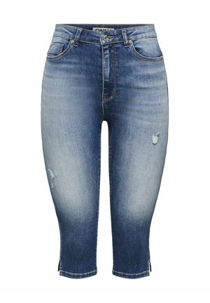 Middenblauwe, vervaagde, smalvallende cropped jeans met lichte slijtage en kleine zijsplitten aan de zoom.