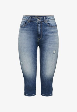 Middenblauwe, vervaagde, smalvallende cropped jeans met lichte slijtage en kleine zijsplitten aan de zoom.