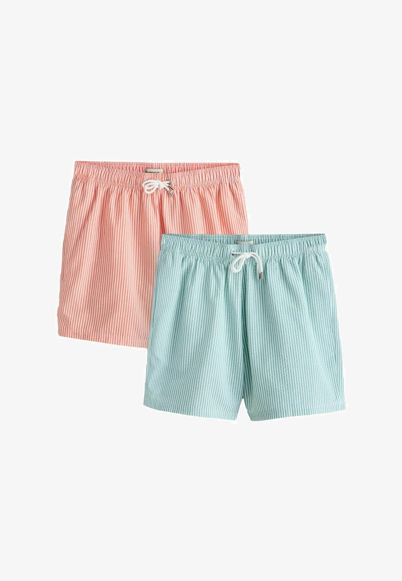 Deux paires de maillots de bain rayés, une rose corail et une bleu clair, toutes deux avec une taille élastique et des cordons blancs.