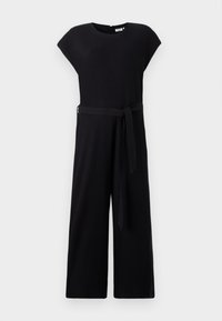 Svart, rillestrikket jumpsuit med korte ermer, rund hals, vide ben og et matchende belte i livet. Glatt tekstur og minimalistisk design.